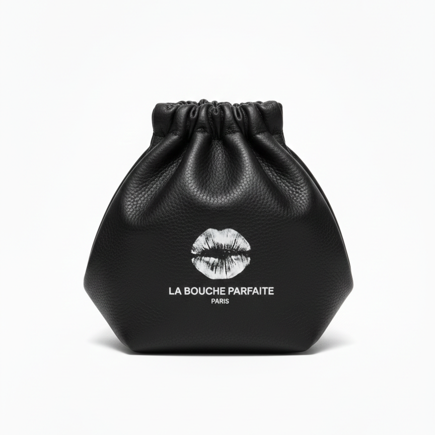 The Clément Pouch – Black luxury leather pouch for the Essential 5 lip hyperpigmentation protocol – La Bouche Parfaite Paris | La Pochette Clément – Pochette en cuir luxe noire pour le protocole Essential 5 traitement hyperpigmentation lèvres