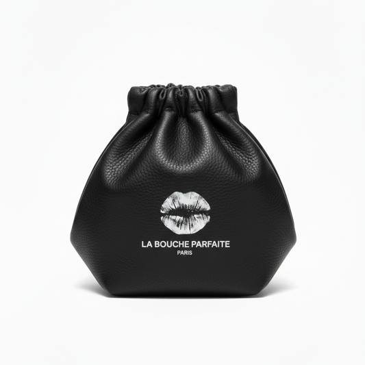 The Clément Pouch – Black luxury leather pouch for the Essential 5 lip hyperpigmentation protocol – La Bouche Parfaite Paris | La Pochette Clément – Pochette en cuir luxe noire pour le protocole Essential 5 traitement hyperpigmentation lèvres