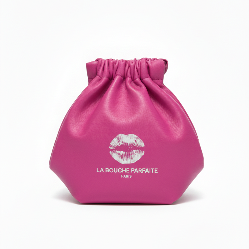 The Clément Pouch – Pink luxury leather pouch for the Essential 5 lip hyperpigmentation protocol – La Bouche Parfaite Paris | La Pochette Clément – Pochette en cuir luxe rose pour le protocole Essential 5 traitement hyperpigmentation lèvres